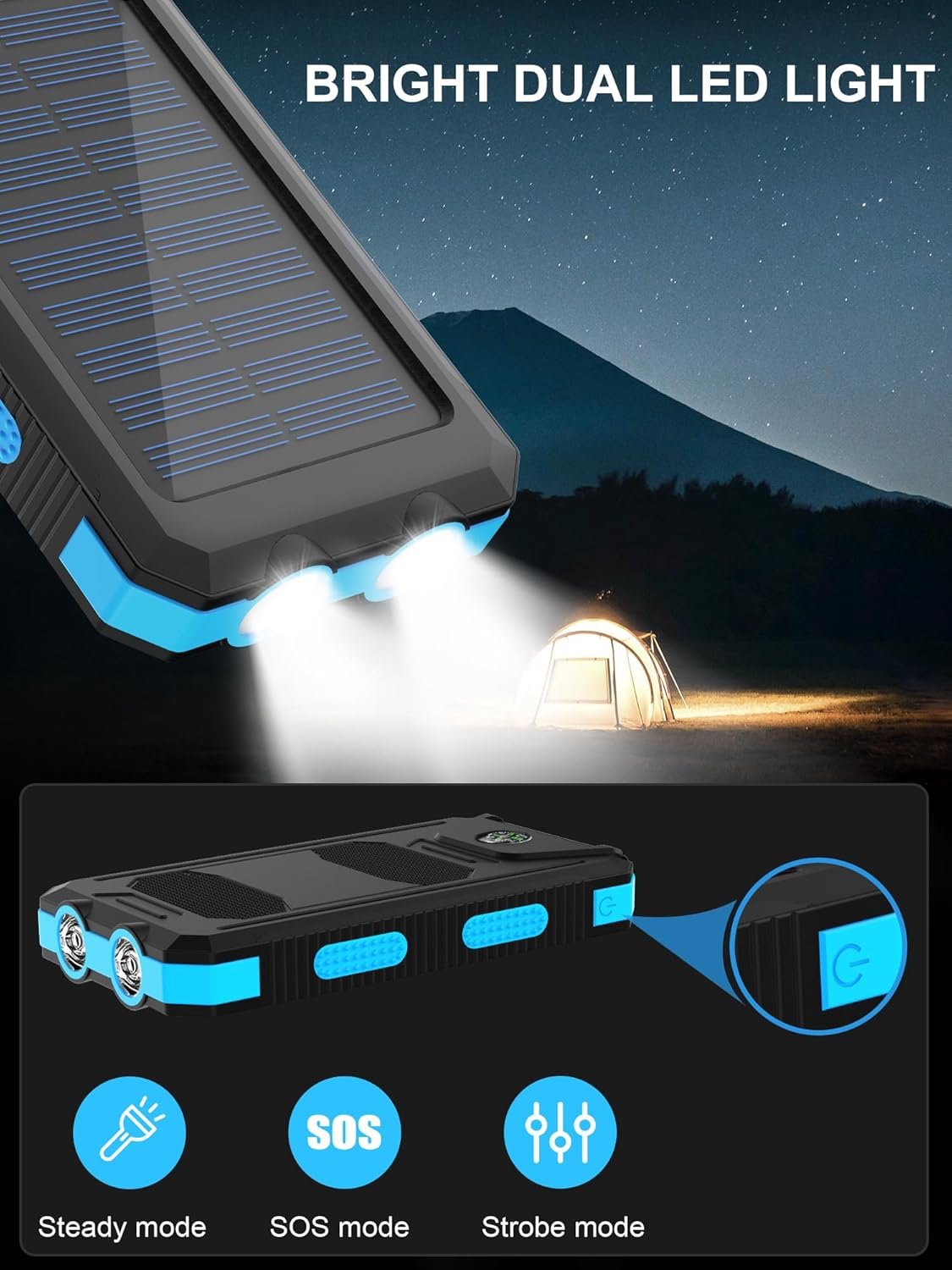 Solar Charger 20000mAh, Portable Solar Power Bank Waterproof Solar Phone Chargers Compatible with All Smartphone External Battery Pack with 2 USB Ports/LED Flashlights for Outdoor Camping(Blue)