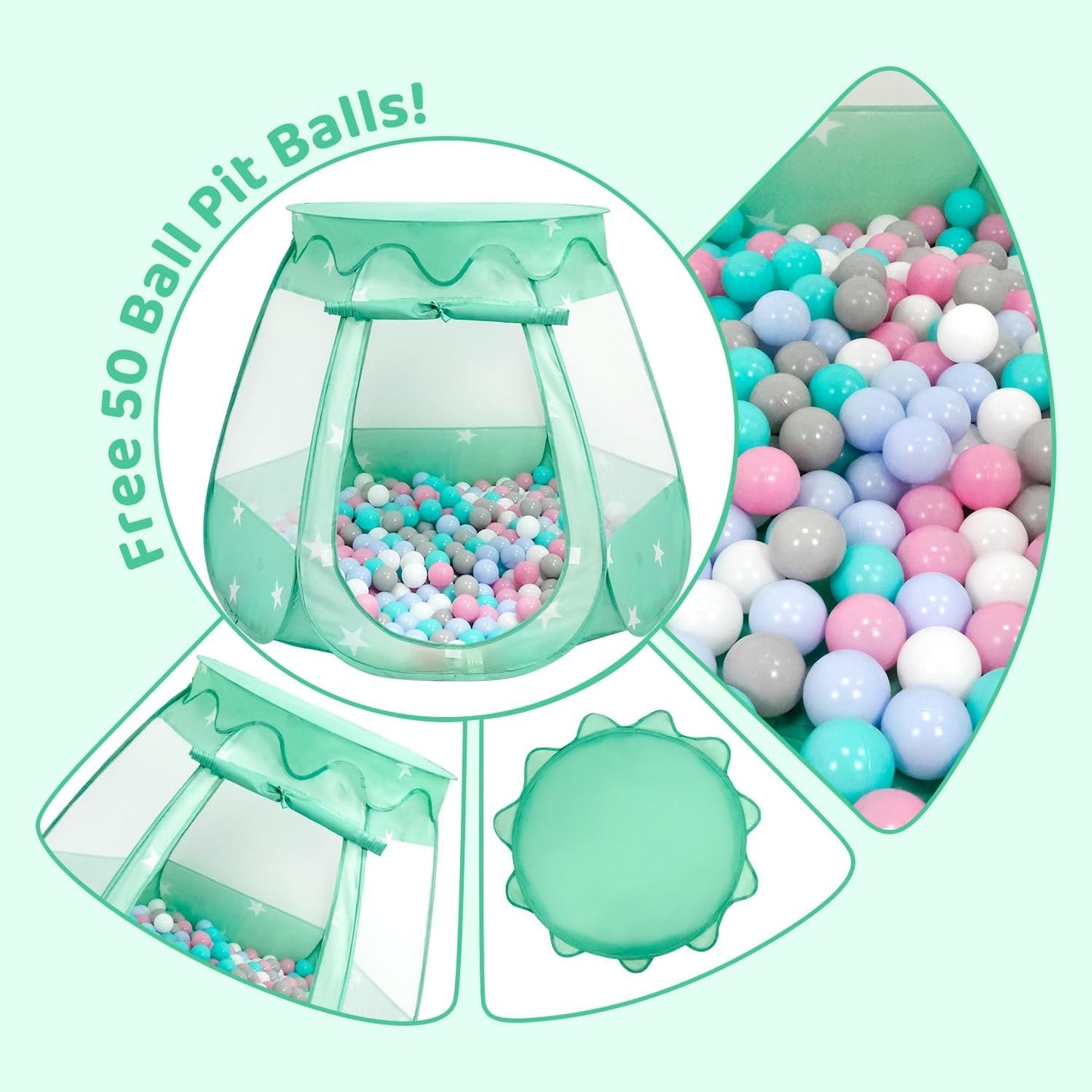 Baby Ball Pit for Toddler with 50 Balls, Pop Up Princess Tent with Star Lights for 1 2 3 Year Old Birthday Gift, 12-18 Months Baby Girl Toys with Carrying Bag, Indoor&Outdoor Play Tent for Kids(Green)