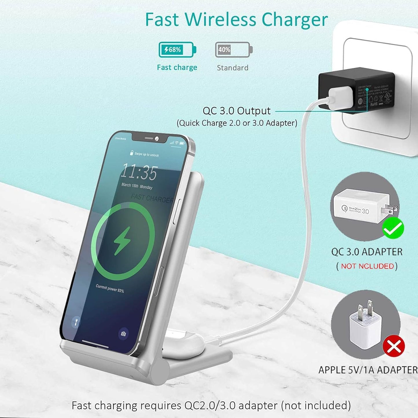 VNBBT 2 in 1 Wireless Charger, 20W Fast Wireless Charging Stand Dock for iPhone 16 Pro Max/16/15/15 plus/14/13/12/11/XS/XR,AirPods 3/Pro 2,Samsung Galaxy S24/S23/S22/S21/Note,Galaxy Buds, White