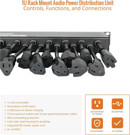 Tecmojo 1U Rack Mount 19 Outlet PDU Power Distribution Unit Power Strip Circuit Breaker fits 19-inch AV/Network/Server Cabinet/Closet/Enclosure
