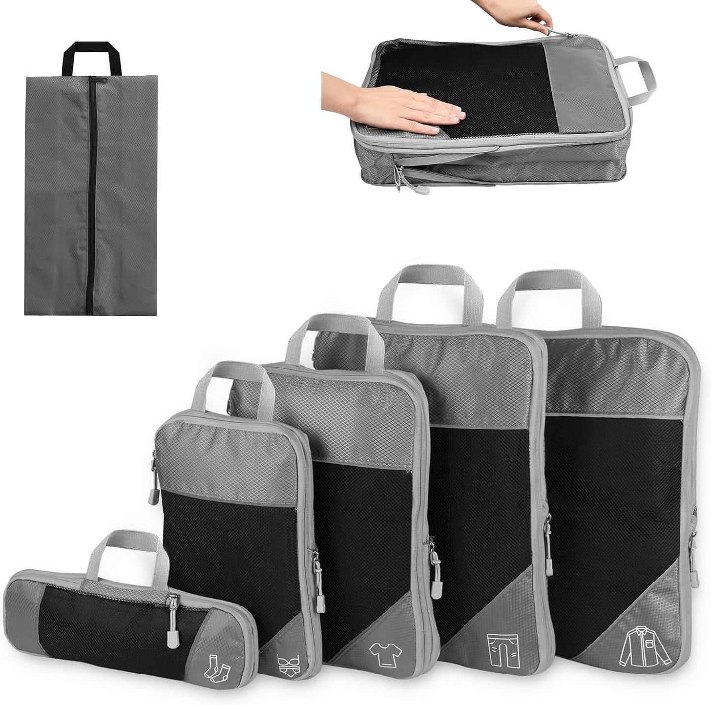 FAEFTY Packing Cubes Compression Suitcase Organizer Set, 6 Pieces Expandable Pockets Suitcase Organizer, Backpack, Grey