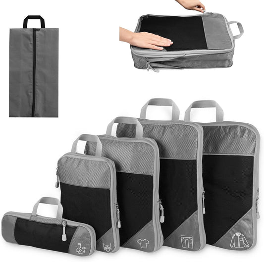 FAEFTY Packing Cubes Compression Suitcase Organizer Set, 6 Pieces Expandable Pockets Suitcase Organizer, Backpack, Grey