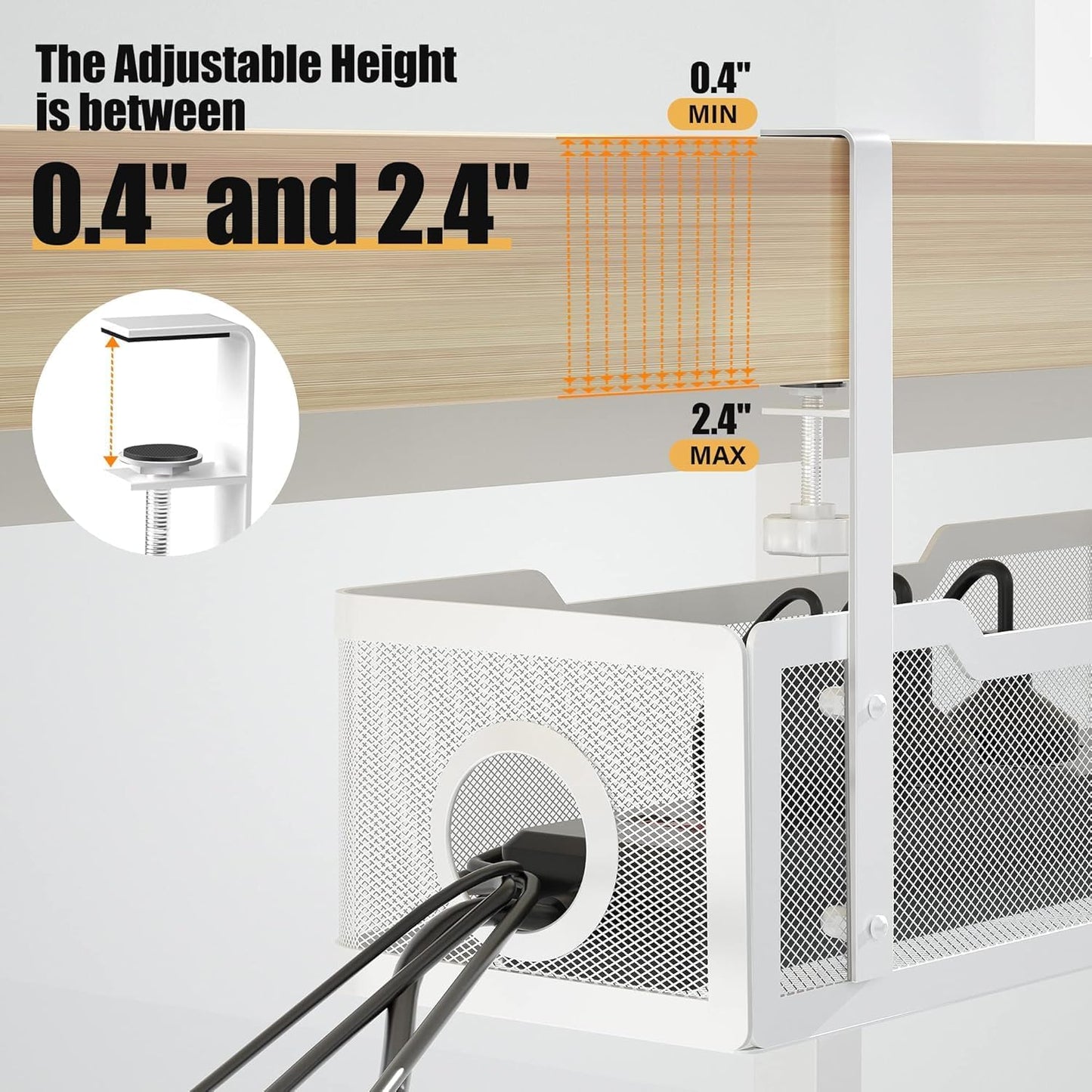 2 Pack Under Desk Cable Management Box White, Cinati Wire Organizers No Drill, Cord Organization Tray with Clamp for Office, Home - No Damage to Desk