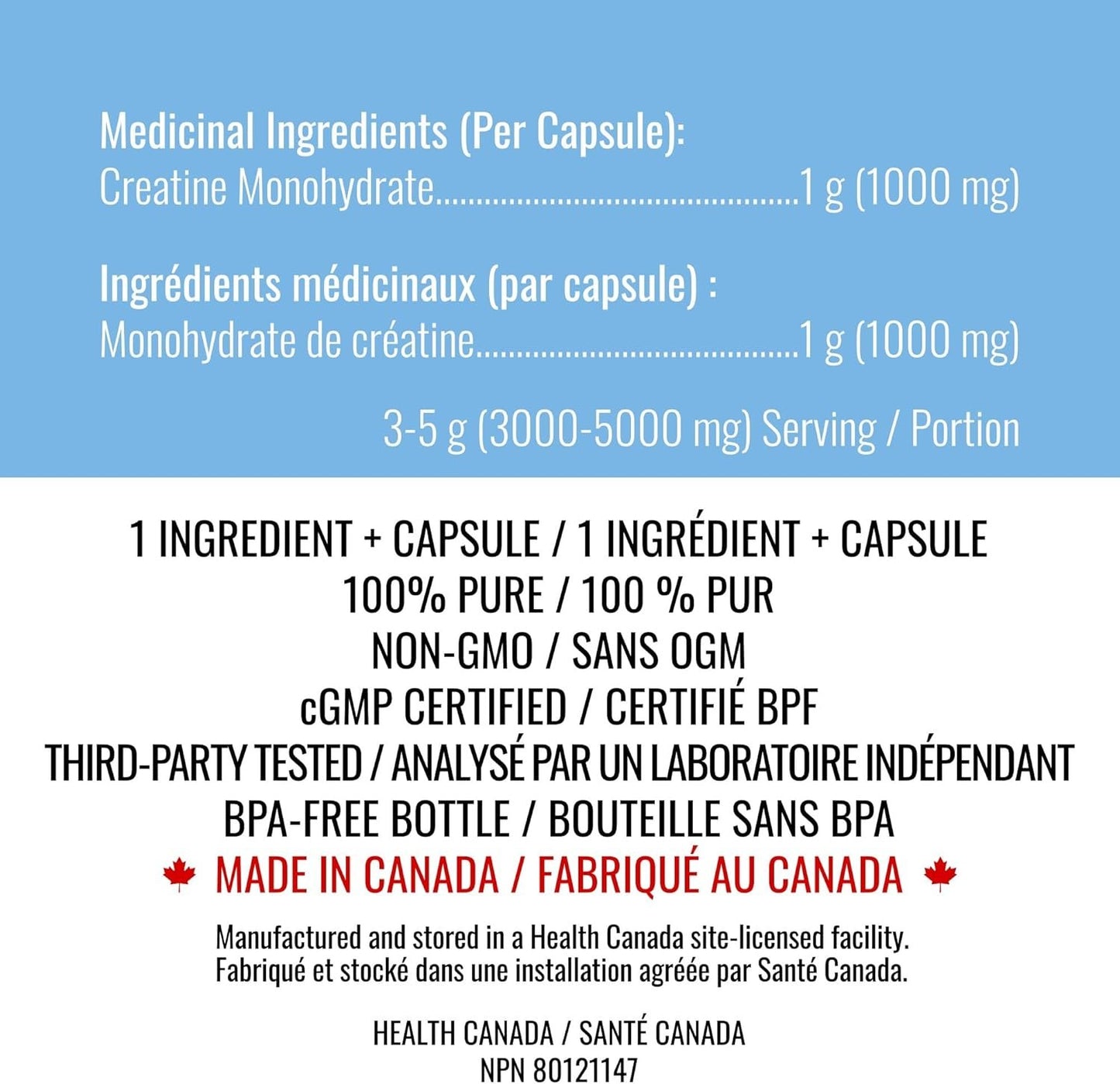 Creatine Capsules - 100% Creatine Monohydrate 1000 mg x 150 Pills (3-5 g Serving) - Made in Canada - Premium Strength and Muscle Growth Supplement by Nutritionn