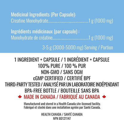 Creatine Capsules - 100% Creatine Monohydrate 1000 mg x 150 Pills (3-5 g Serving) - Made in Canada - Premium Strength and Muscle Growth Supplement by Nutritionn