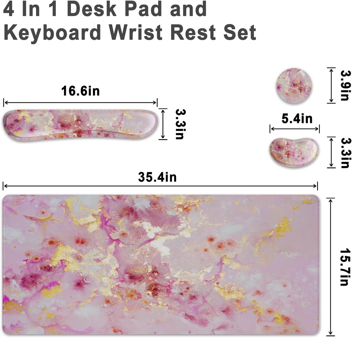 4 in 1 Extended Mouse Pad Set, Keyboard Wrist Rest Support Mouse Wrist Cushion Cute Coaster, Memory Foam Ergonomic Easy Typing, Large Desk Pad Set for Home Office Game(Pink Gold Marble)