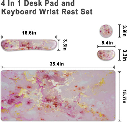 4 in 1 Extended Mouse Pad Set, Keyboard Wrist Rest Support Mouse Wrist Cushion Cute Coaster, Memory Foam Ergonomic Easy Typing, Large Desk Pad Set for Home Office Game(Pink Gold Marble)