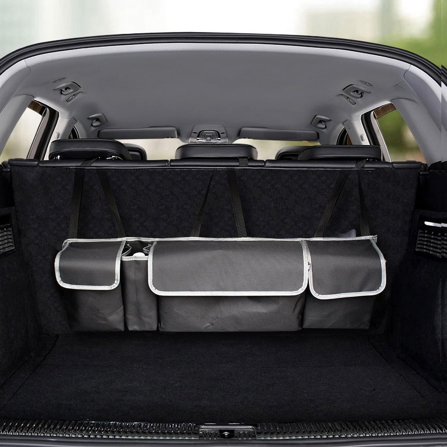 Car Boot Organiser, Car Trunk Organiser, Large Capacity, Hanging Organizer Bag. Car Organizers And Storage, Suitable for Suvs, Trucks, Waterproof, Collapsible Cargo Organizer with 4 Pockets (Black)