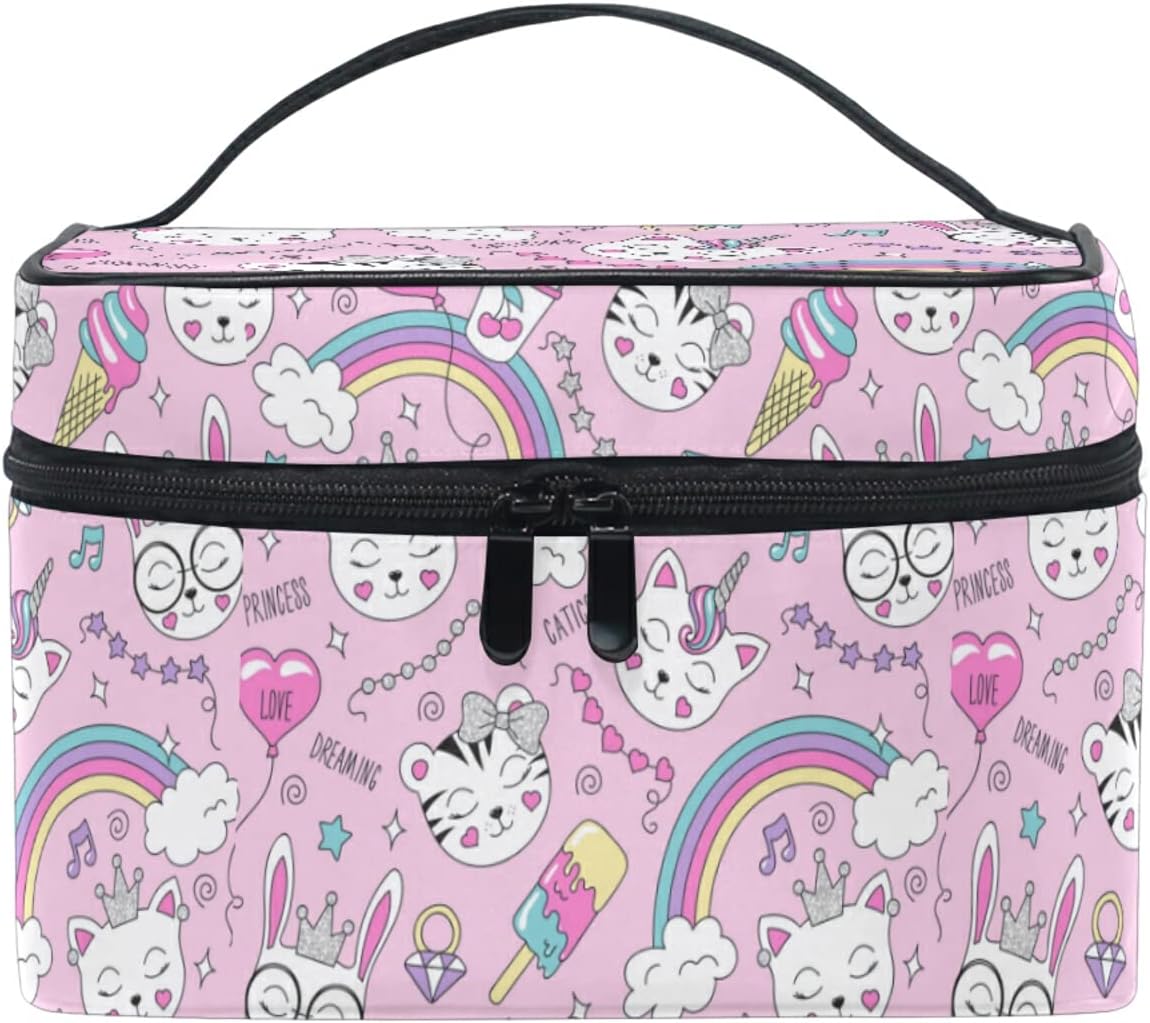 Cute Cat Tiger Unicorn Rainbow Beauty Case for Travel Women Cosmetics Bag Make up Makeup Bags Makeup Organizer Girl, Cute Funny