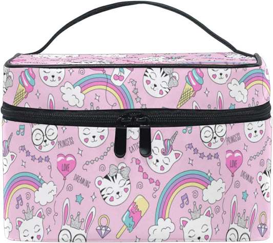 Cute Cat Tiger Unicorn Rainbow Beauty Case for Travel Women Cosmetics Bag Make up Makeup Bags Makeup Organizer Girl, Cute Funny