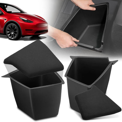 YHTAUTO 2 Pcs Trunk Side Organizer Storage Box with Lids Fit for Tesla Model Y Accessories 2020 2021 2022 Rear Trunk Storage Bins Flocking Waterproof Odorless (For 5-Seater Only)