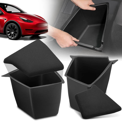 YHTAUTO 2 Pcs Trunk Side Organizer Storage Box with Lids Fit for Tesla Model Y Accessories 2020 2021 2022 Rear Trunk Storage Bins Flocking Waterproof Odorless (For 5-Seater Only)