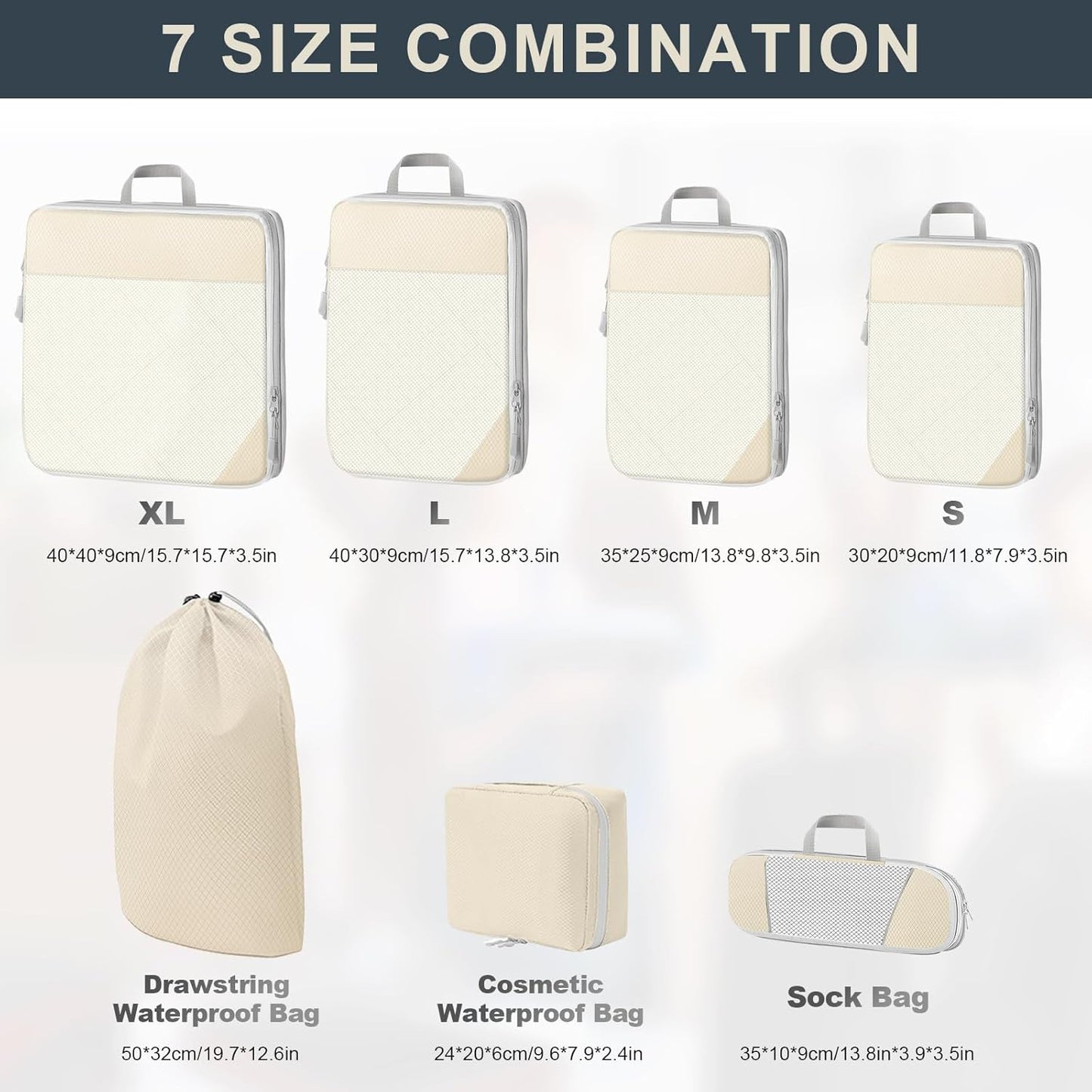 Lannvan Organizer Suitcases, Set of 7 Compression Packing Cubes, beige