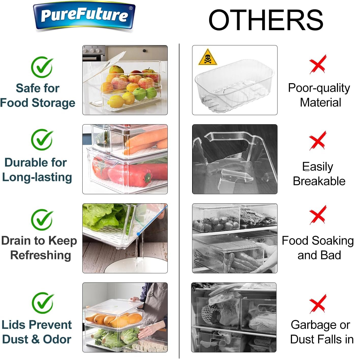Pure Future 10-Pack Fridge Organizers and Storage - Stackable Refrigerator Bins with Lids, BPA-Free Clear Fruit Storage Produce Saver Containers for Vegetables, Food & Drinks