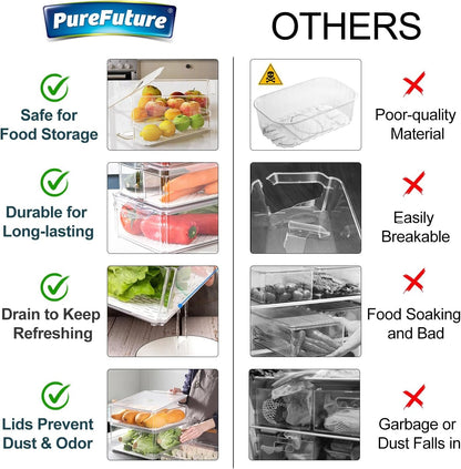 Pure Future 10-Pack Fridge Organizers and Storage - Stackable Refrigerator Bins with Lids, BPA-Free Clear Fruit Storage Produce Saver Containers for Vegetables, Food & Drinks