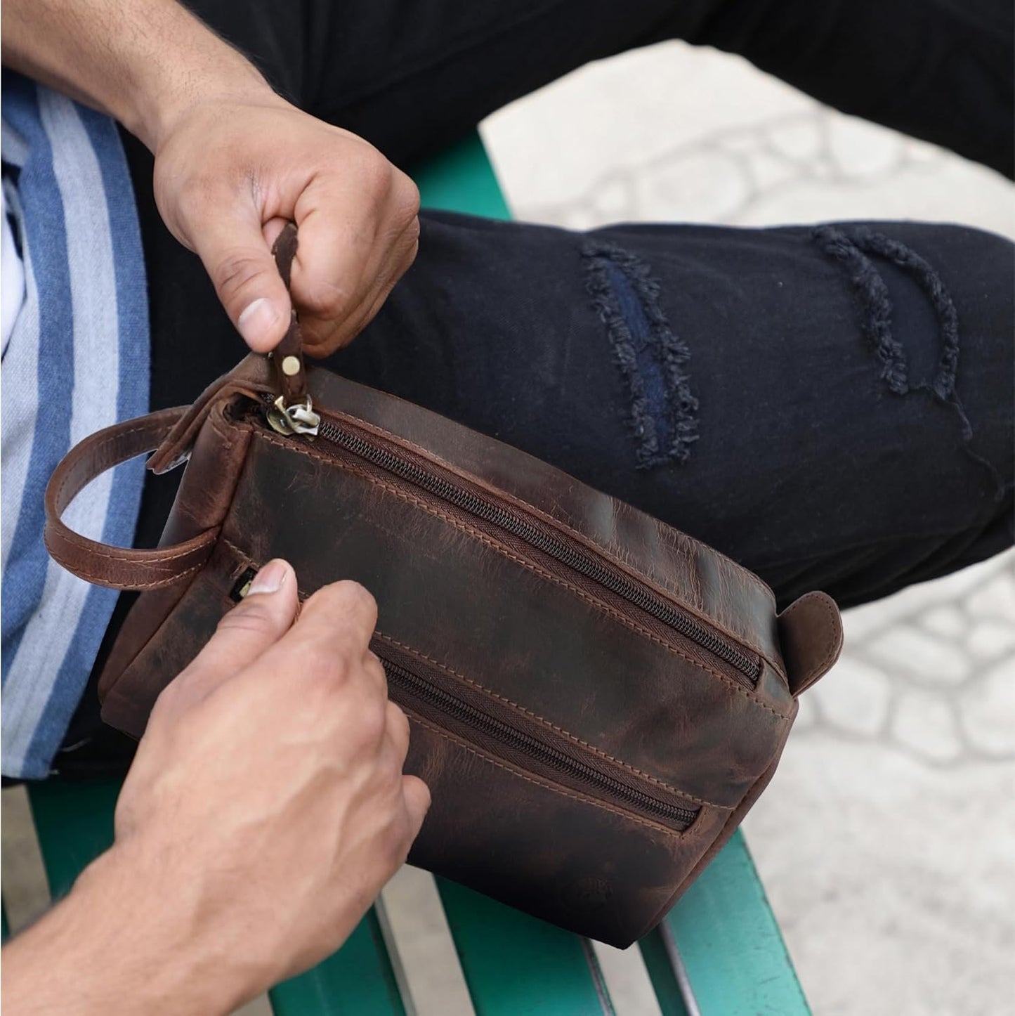 Genuine Leather Travel Toiletry Bag - Hygiene Organizer Dopp Kit by Rustic Town