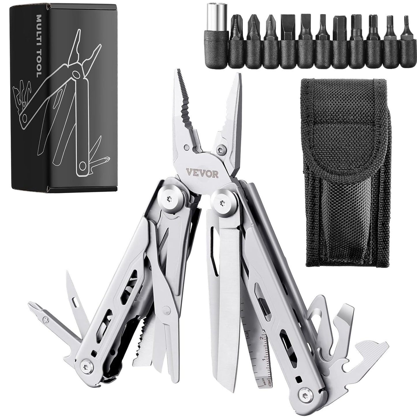 VEVOR 16-In-1 Multitool Pliers, Multi Tool Pliers, Cutters, Knife, Scissors, Ruler, Screwdrivers, Wood Saw, Can Bottle Opener, with Safety Locking and Sheath, for Survival, Camping, Hunting and Hiking