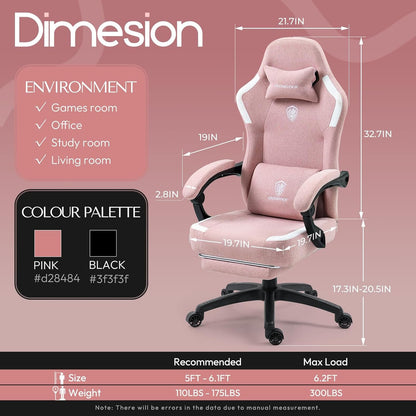 Dowinx Fabric Gaming Chair with Pocket Spring Cushion,Breathable Computer Chair with Massage Lumbar Support and Footrest,High Back Game Office Chair for Adult,Pink