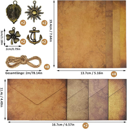 40 PCS Vintage Letter Paper with Envelope Set, Vintage Light Writing Paper Set,Writing Stationery Paper Letter and Envelopes with Antique Paper 8 Kraft Envelopes 8 Retro Keys 8 Hemp Ropes