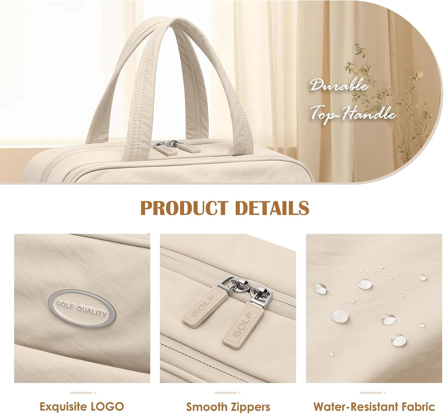 GOLF QUALITY Women's Travel Toiletry Bag Hanging Waterproof Makeup Bag High Capacity Travel Makeup Bag Useful Accessories Large Makeup Bag with Hook, Elegant Apricot, Includes