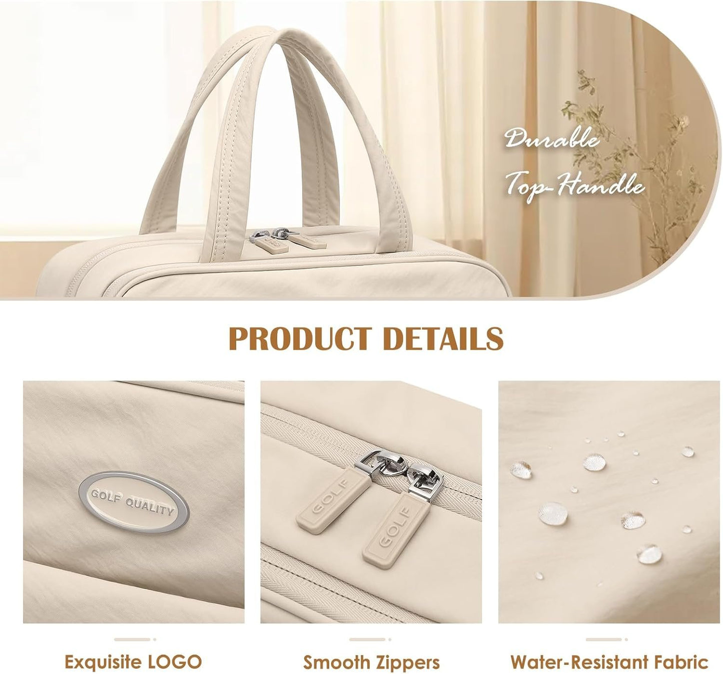 GOLF QUALITY Travel Toiletry Bag with Jewelry Organizer, Hanging Toiletry Bags Puffy Cosmetic Makeup Bag Organizer Carry-on Travel Bag for Accessories,Toiletries,Essentials, Apricot