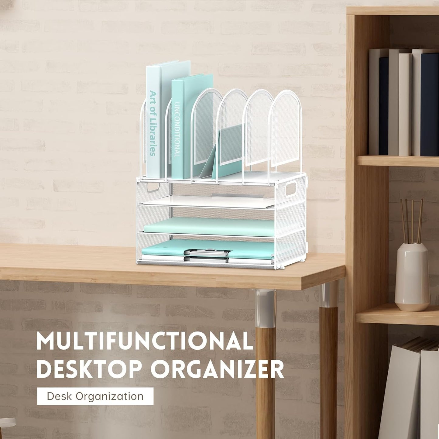 DALTACK Desk Organizer with Vertical File Holder, 3 Tier Desktop Organizer with 5 File Folder Holders and Handles, Desk Organizers and Accessories for Home Office Organization, Metal Mesh, White