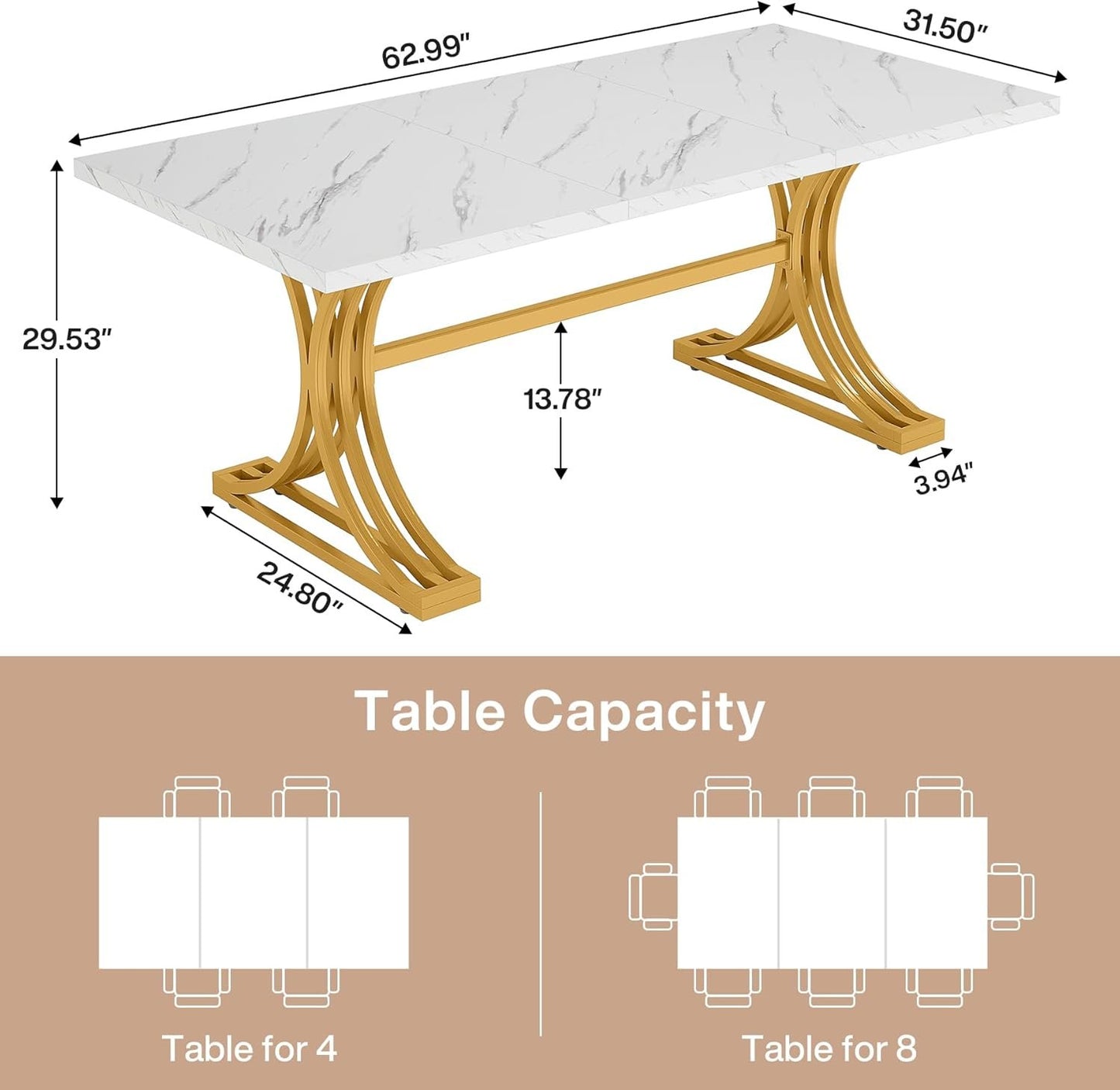 Tribesigns 63-Inch Rectangular Dining Table for 4 to 6, Modern Kitchen Table with Stylish Metal Trestle Legs, Large Dinner Tabletop for Dining Room, Chair Not Included (White+Gold)