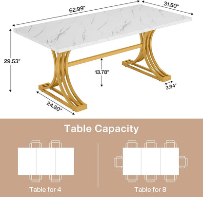 Tribesigns 63-Inch Rectangular Dining Table for 4 to 6, Modern Kitchen Table with Stylish Metal Trestle Legs, Large Dinner Tabletop for Dining Room, Chair Not Included (White+Gold)