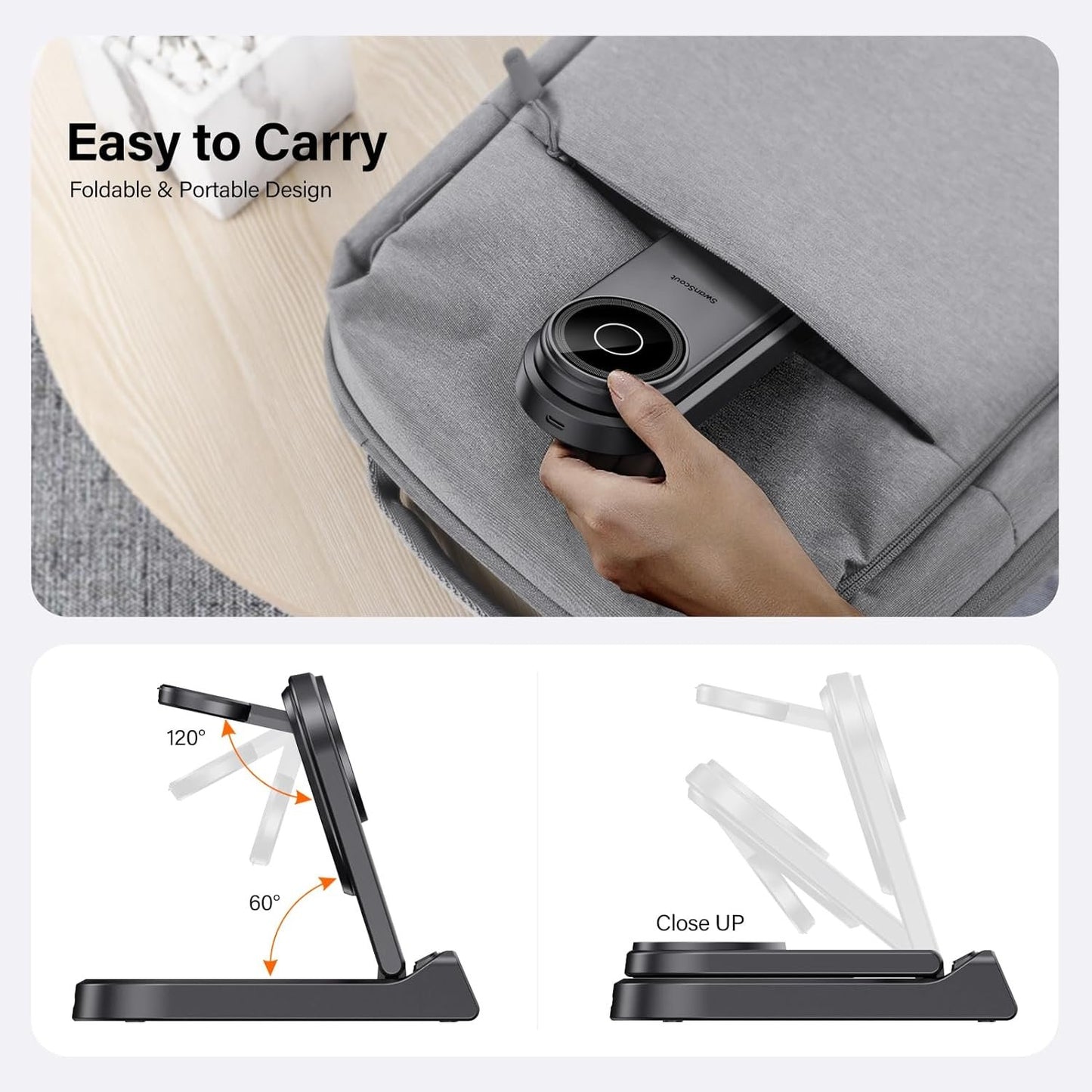 SwanScout Magnetic Wireless Charger, 4 in 1 Mag-Safe Wireless Charging Staiton for iPhone 16/15/14/13/12 Series, Portable Foldable Charger Stand for Apple Watch 10/9/8/7/6/SE/5/4 (No Adapter)