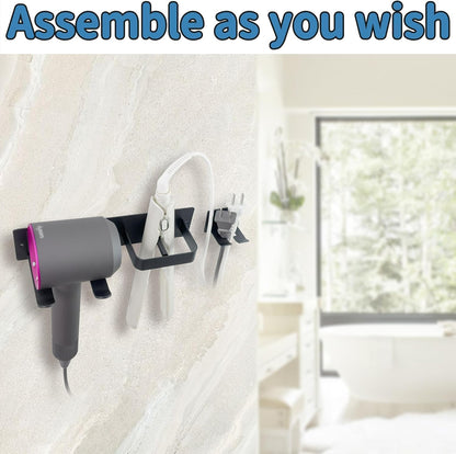 YUET Hair Dryer Holder, Hairdryer Station Accessories Wall Mounted, Straightener Holder, Bathroom Hair Styling Care Tool Organizer, Multi-Functional Space Storage Bracket (Black)