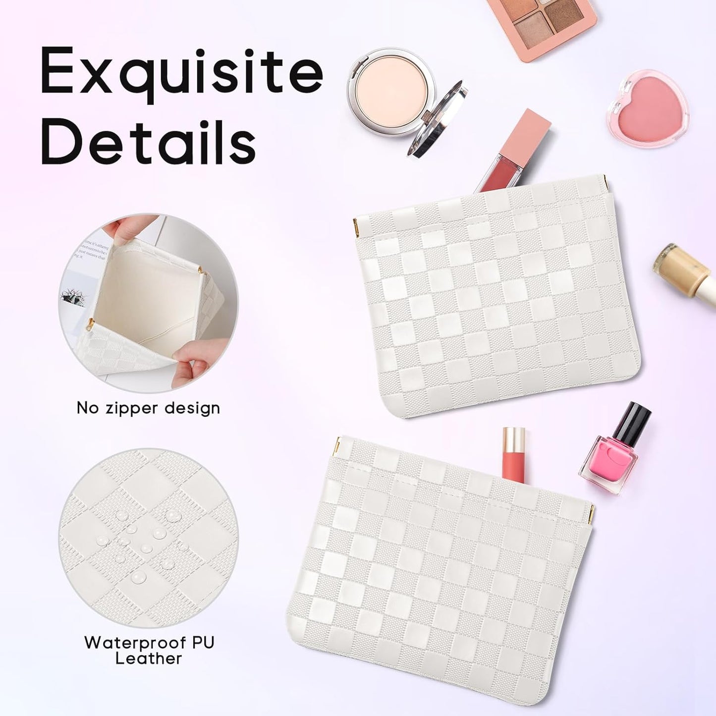 Sightor 2PCS Pocket Cosmetic Bag for Purse, Checkered Makeup Bag Portable Leather Cosmetic Bag for Women, Coin Purse Lipstick Cosmetic Accessories Organizer Travel Cosmetic Pouch, Black, White, L,