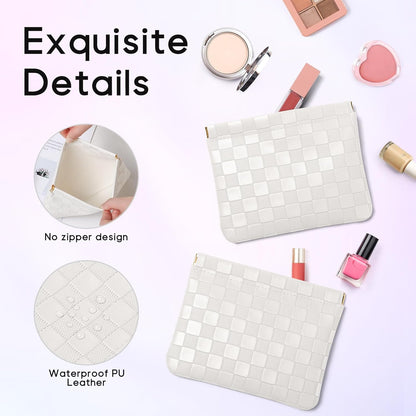 Sightor 2PCS Pocket Cosmetic Bag for Purse, Checkered Makeup Bag Portable Leather Cosmetic Bag for Women, Coin Purse Lipstick Cosmetic Accessories Organizer Travel Cosmetic Pouch, Black, White, L,