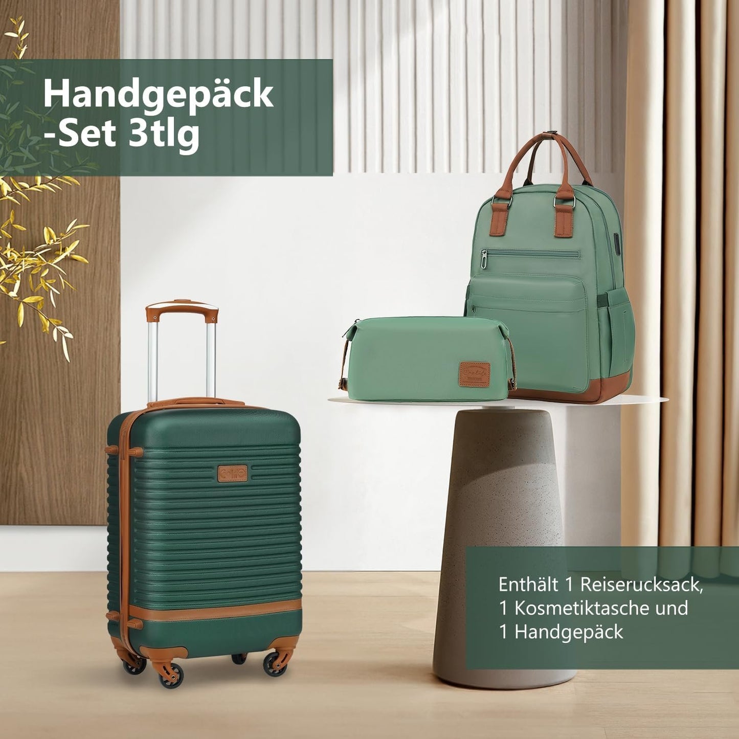 COOLIFE ABS 4 Wheel Suitcase Travel Suitcase TSA Lock Suitcase Includes 1 Travel Backpack and 1 Cosmetic Bag Travel Set, Apricot/Dark Green, 1 x Travel Backpack and 1 x Toiletry Bag Included