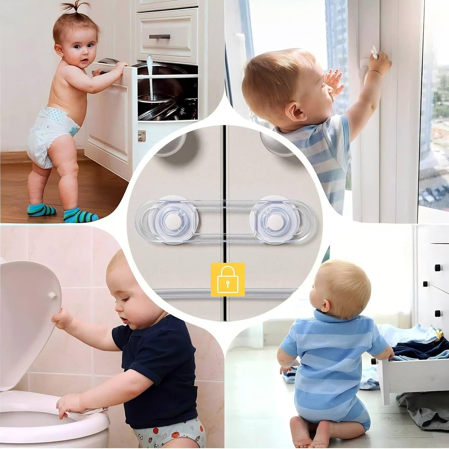 Child Safety Cabinet Locks - (10 Pack 11cm) Baby Proofing Latches to Drawer Door Fridge Oven Toilet Seat Kitchen Cupboard Appliance Trash Can with 3M Adhesive - Adjustable Strap No Drill No Tool