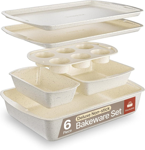 Bakken Swiss - Bakeware Set â€“ 6 Piece â€“ Stackable, Deluxe, Non-Stick Baking Pans for Professional and Home Cooking â€“ Carbon Steel, White Stone Coating