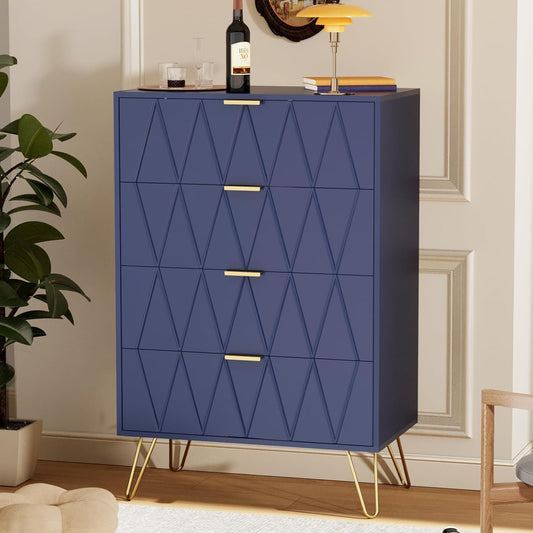 GOOBUY Chest of Drawers with 4 Drawers, Wooden Bedroom Como, Living Room Furniture, Gold Handles and Legs, 34 x 60 x 91 H cm, Blue