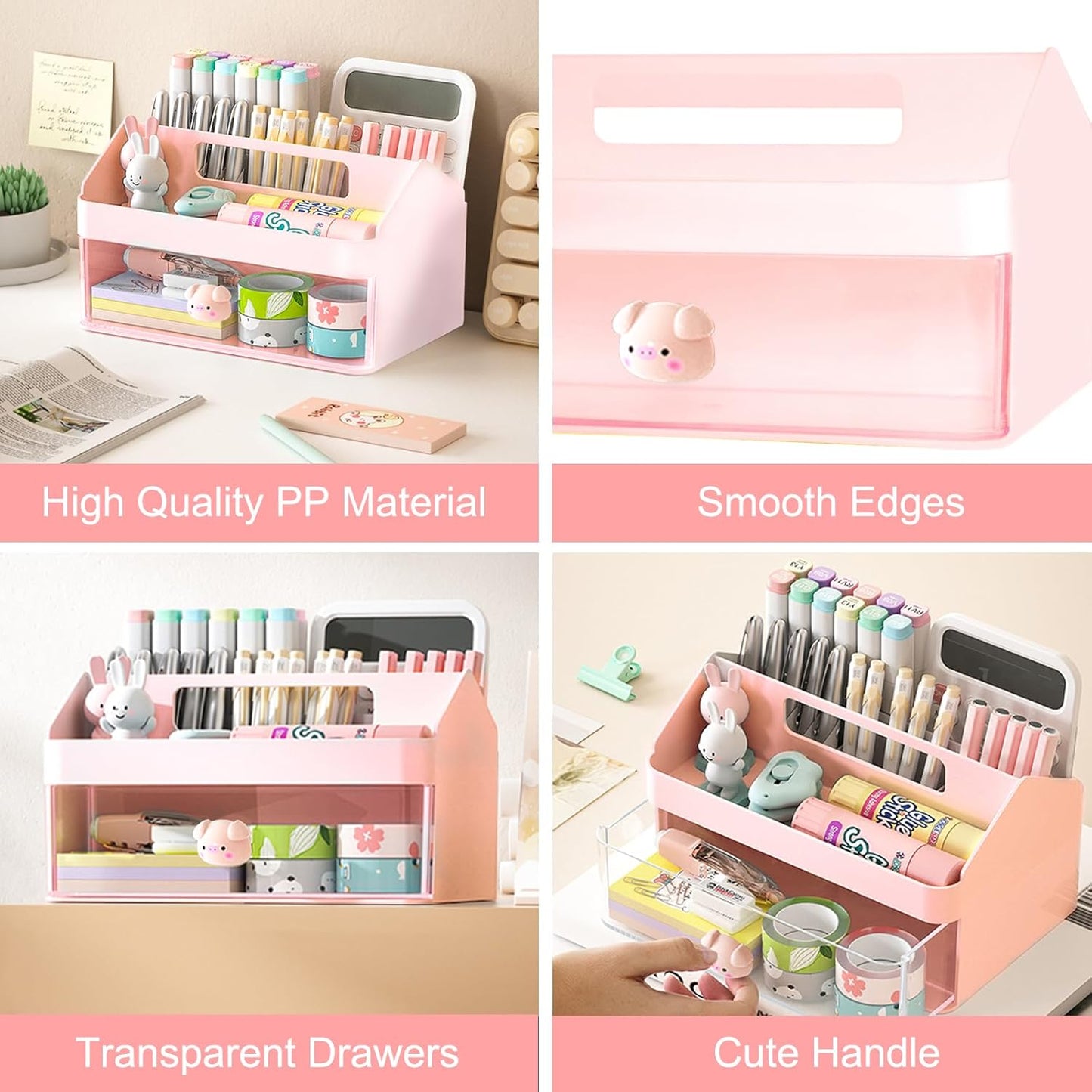 SAYEEC Desk Organizer Multi-Functional Desktop Makeup Stationery Accessories Organizer Desk Organization Storage Box Caddy for Office School Home Vanity Table (Pink with Handle)