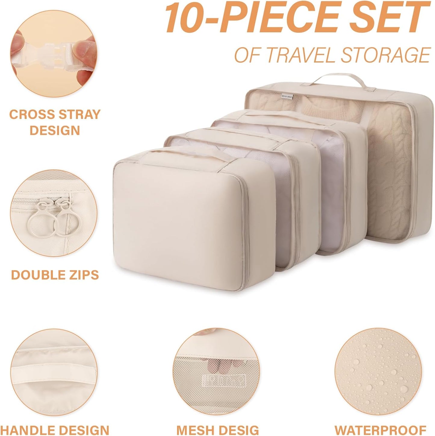 10 Pieces Space-Saving Suitcase Organizer (Beige) - Packing Cubes Set, Travel Suitcase Organizer, Useful Accessories for Holidays and Classification Underwear and Footwear