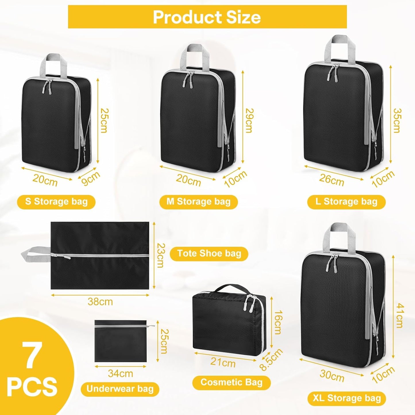 7 Pieces Suitcase Organizer, Packing Cubes Compression Space-Saving, Ultralight Suitcase Set, Travel Organizer for Clothes, Shoes, Underwear, Travel Set for Backpacks or Hand Luggage