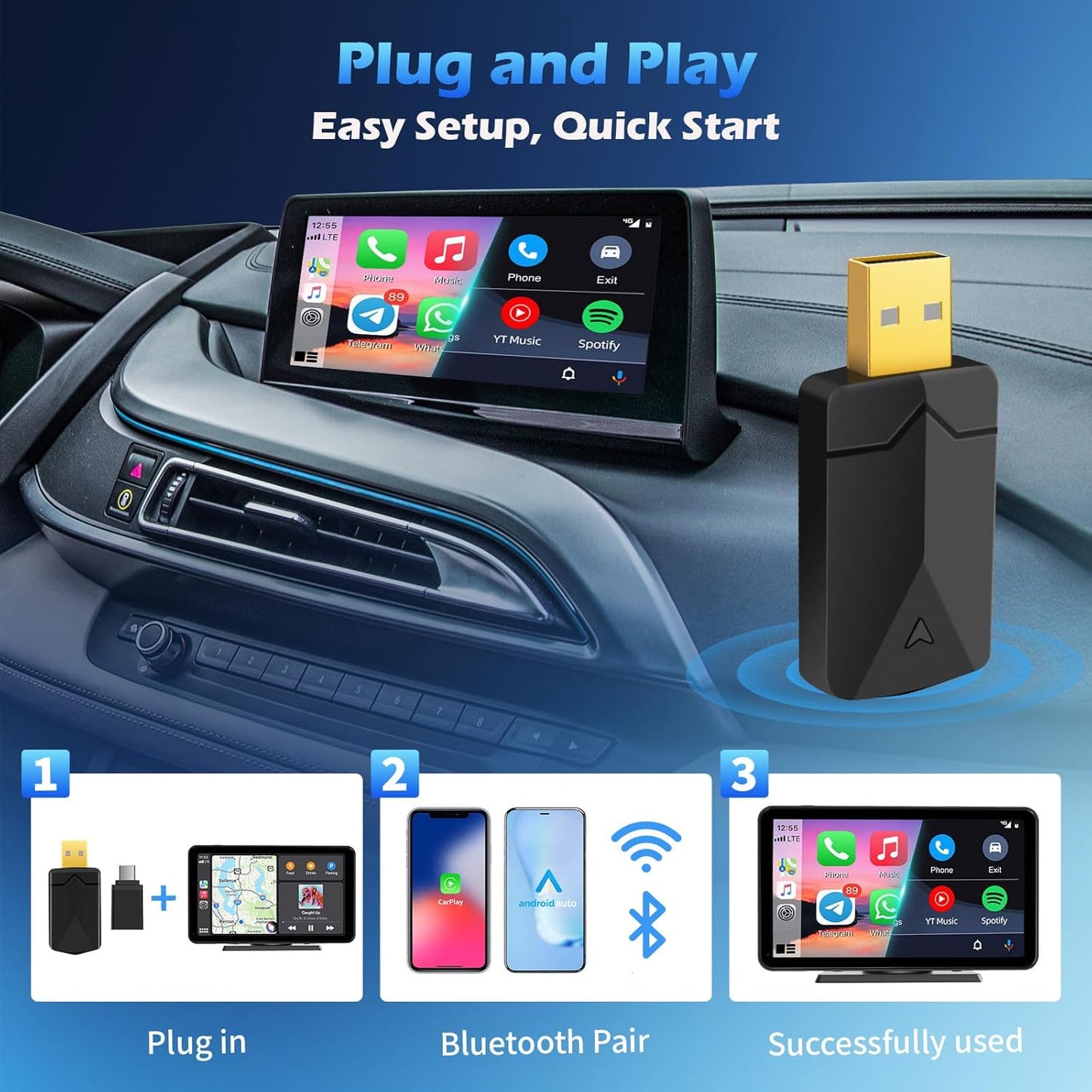 AOUQEE Carplay Wireless Adapter, Converts Carplay from Wired to Wireless, Wireless Carplay Adapter, Fast and Stable, Type-C/USB Plug & Play Mini, Compatible with iOS 10+