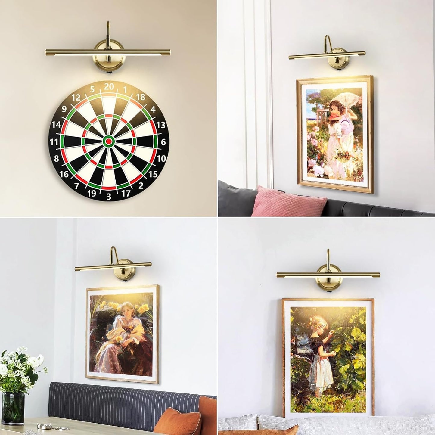 Modern Wireless Picture Lights for Wall Gold Wall Sconces Battery Operated 16.5" Inch Dimmable Wall Art Light with Adjustable Book Light with Remote 3000K CRI95+