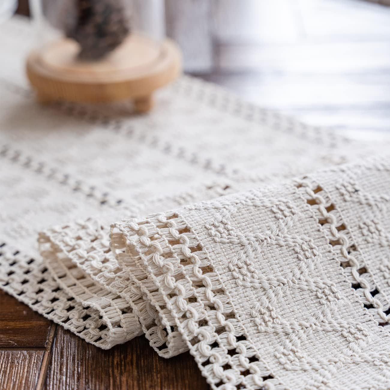 Alynsehom Macrame Table Runner Cream Beige Boho Table Runners with Tassels Hand Woven Cotton Table Runner Rustic Farmhouse Table Runners for Bohemian Kitchen Dining Table(12x95in)