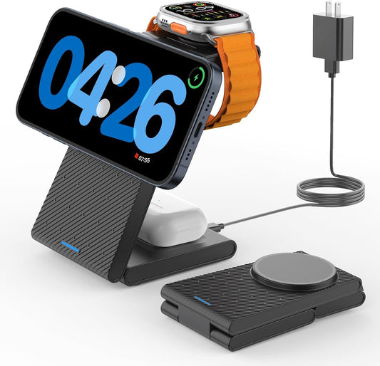Wireless Charging Station for Apple Magsafe: GEEKERA Magnetic 3 in 1 Foldable Charger Stand Dock for Apple Watch Ultra/SE/9/8/7/6/5/4/3/2, iPhone 16/15/14/13/12 Pro Max Plus Mini, Air Pods Pro/3/2