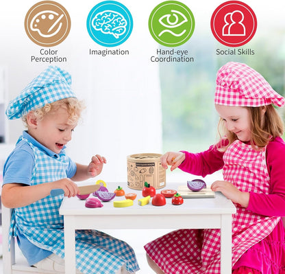 WHOHOLL Wooden Play Food for Kids Kitchen Playset, Play Kitchen Accessories Pretend Cutting Food Montessori Toys for 2+ Year Old with Basket, Toy Food Fruits Vegetables Gift for Fine Motor Skills