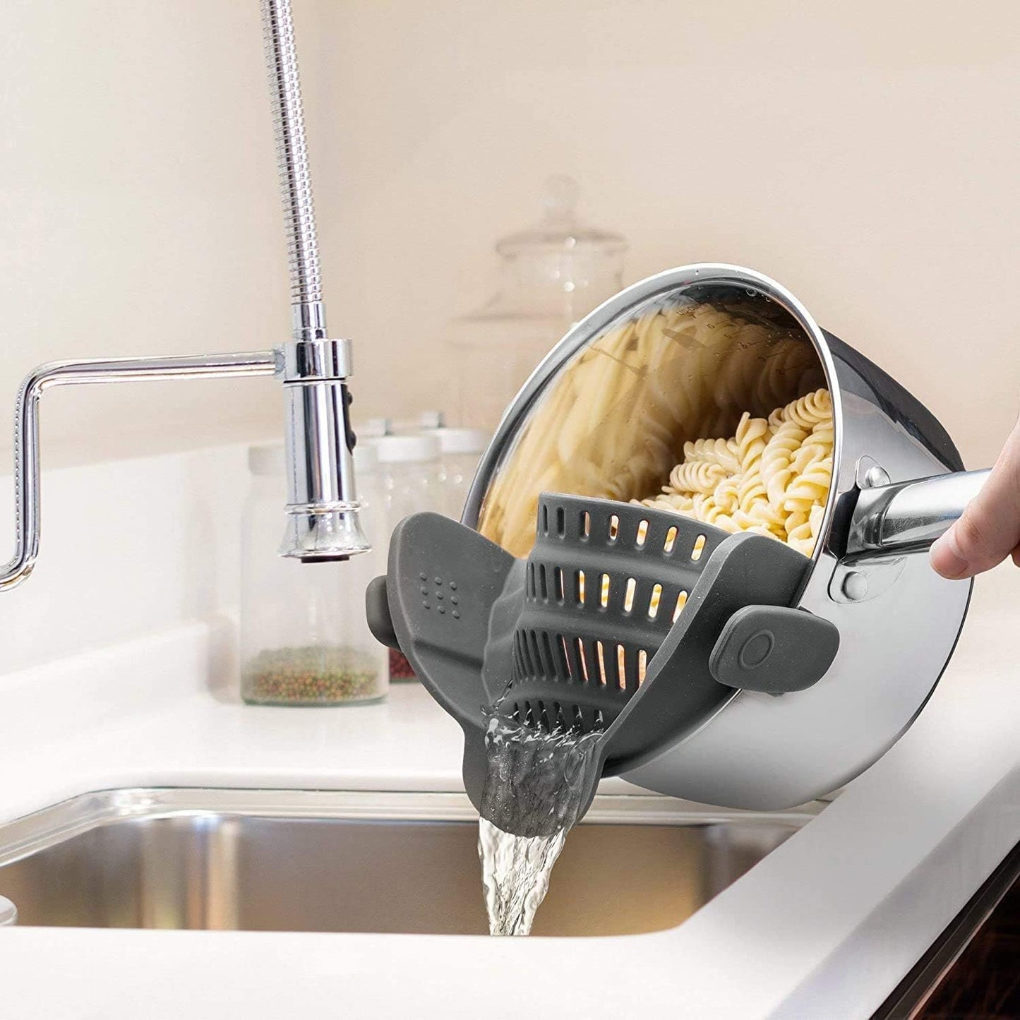 Original Kitchen Gizmo Strainer for Pots, Pans, and Bowls - Adjustable Silicone Clip on Colander - Snap N Strain Kitchen Gadget for Fruits, Veggies, Salads, Pasta, and More - Dishwasher Safe - Grey