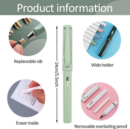 HTDYK 8pcs Infinity Pencil, Cute Everlasting Inkless Pencil with 8pcs Replacement Nibs, Sustainable Reusable Erasable Lapiz Infinito, Infinite Pen Stationery for Kids Student Worker Writing Drawing