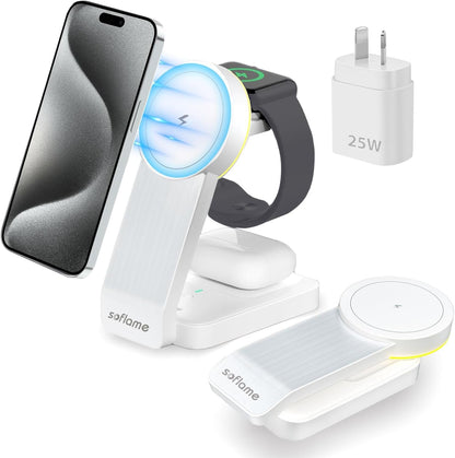Foldable 3 in 1 Wireless Charger for MagSafe iPhone, Soflame 3 in 1 Magsafe Wireless Charger, Compatible with iPhone16/15/14/13/12, iWatch10/9/Ultra2/8/Ultra/SE2/7/6/SE/5/4/3, AirPods2/3/4 Pro (White)