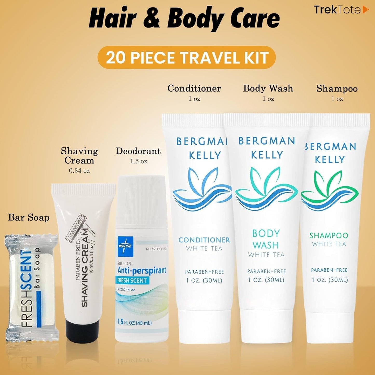 TrekTote 20-Piece Travel Toiletry Convenience Kit - Personal Care Travel Hygiene Essentials Bag with Unisex Toiletries. TSA-Approved Travel Size Kit for Men and Women with Essential Toiletries