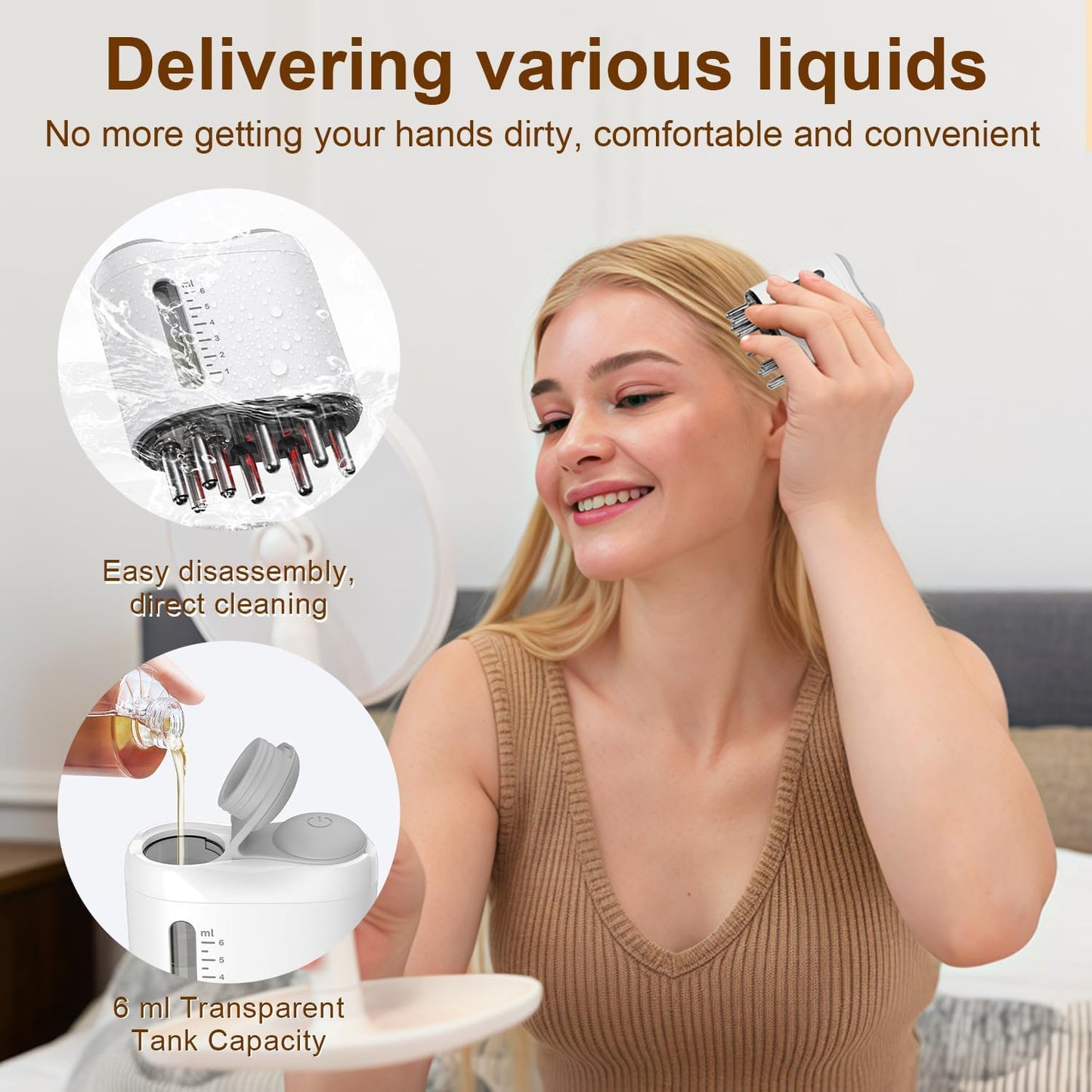 Electric Hair Brush & Scalp Massager with Oil Dispenser, Mess-Free Applicator for Nourishing Scalp and Hair Care, Rechargeable with USB Cable, Travel-Friendly, White