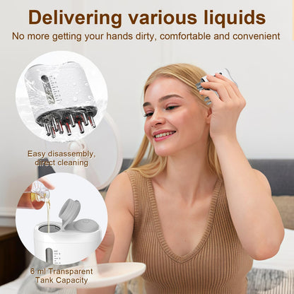 Electric Hair Brush & Scalp Massager with Oil Dispenser, Mess-Free Applicator for Nourishing Scalp and Hair Care, Rechargeable with USB Cable, Travel-Friendly, White